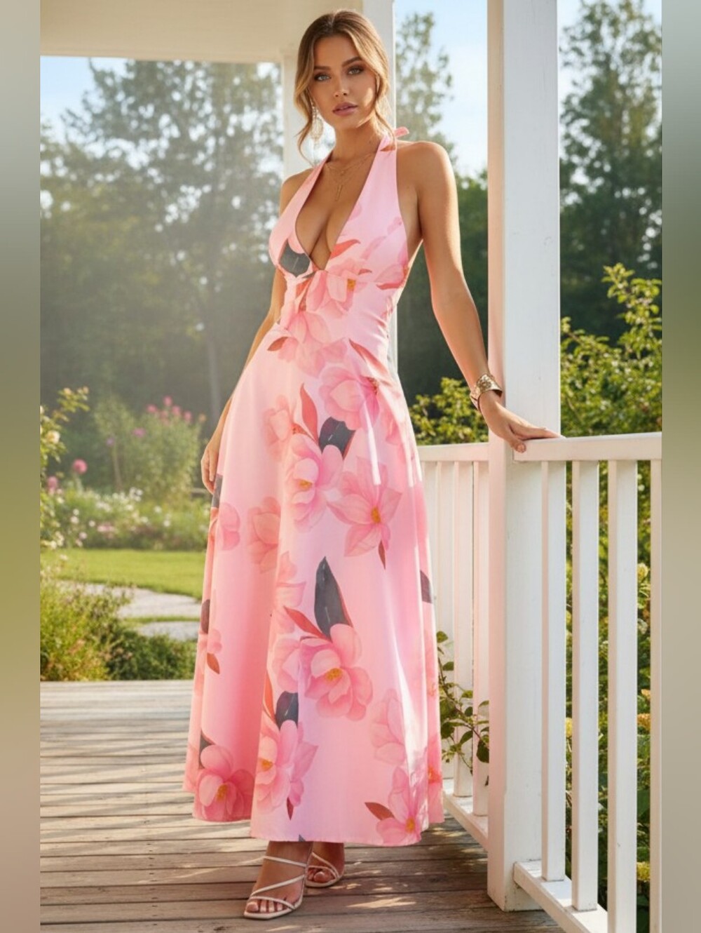 Corset Tie Open Back Plunging Halter V-Neck Flowing A-line Summer Maxi Dress
